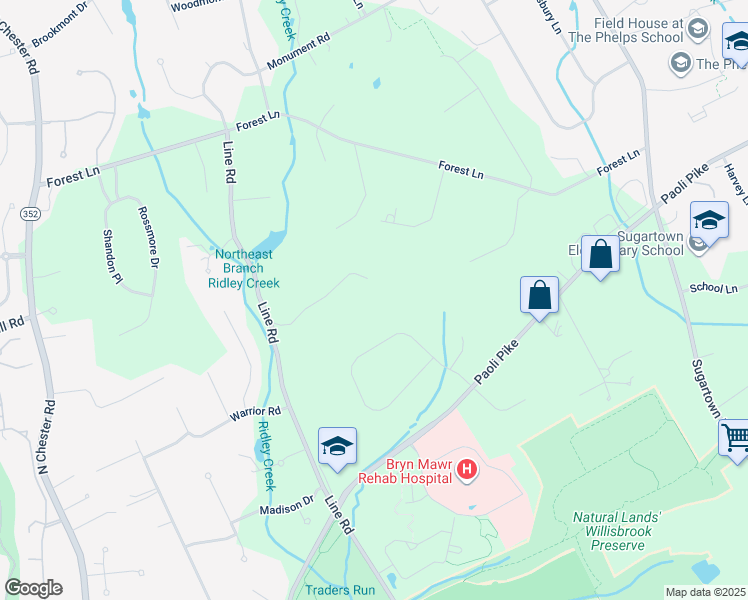 map of restaurants, bars, coffee shops, grocery stores, and more near 10 Indian Way in Malvern