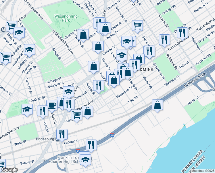 map of restaurants, bars, coffee shops, grocery stores, and more near 4628 Van Kirk Street in Philadelphia