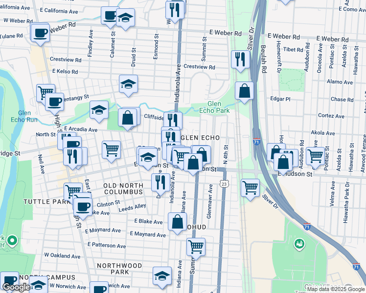 map of restaurants, bars, coffee shops, grocery stores, and more near 2597 Glen Echo Drive in Columbus