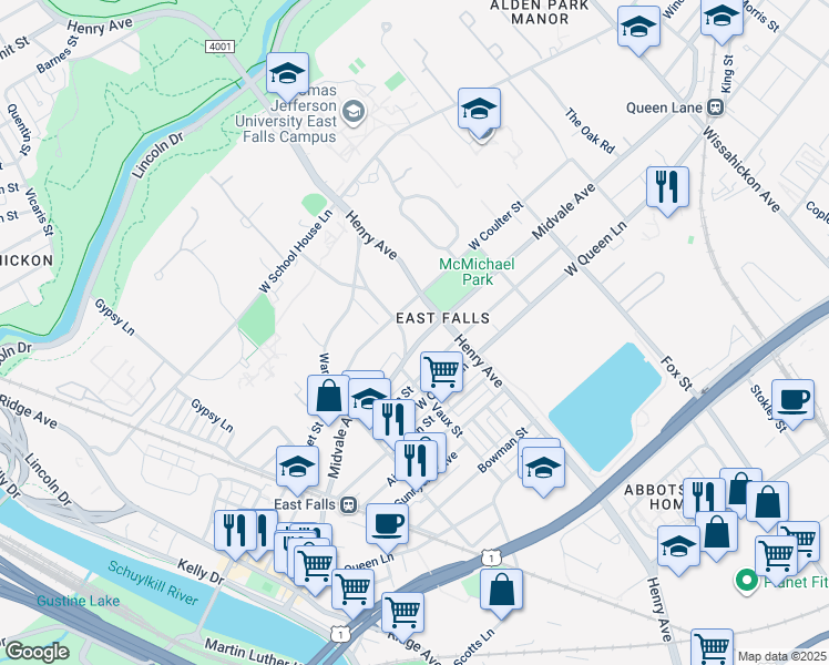 map of restaurants, bars, coffee shops, grocery stores, and more near 3329 Midvale Avenue in Philadelphia