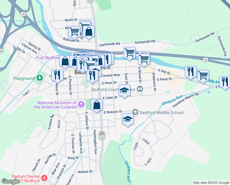map of restaurants, bars, coffee shops, grocery stores, and more near 231 South Bedford Street in Bedford