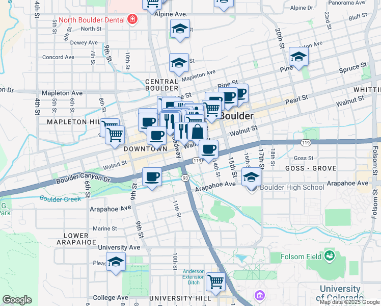 map of restaurants, bars, coffee shops, grocery stores, and more near 1200-1290 Walnut Street in Boulder