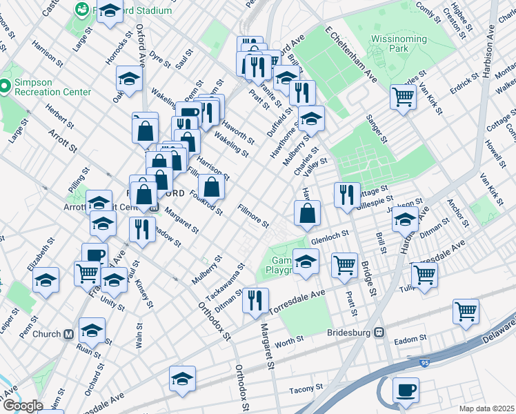 map of restaurants, bars, coffee shops, grocery stores, and more near 4849 Mulberry Street in Philadelphia