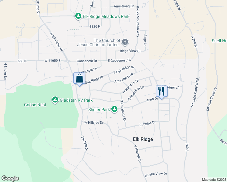 map of restaurants, bars, coffee shops, grocery stores, and more near 69 Hudson Lane North in Elk Ridge