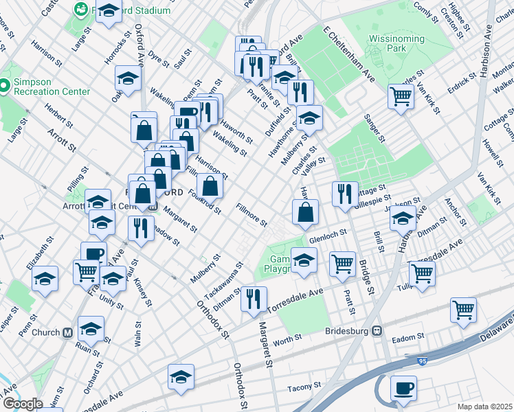 map of restaurants, bars, coffee shops, grocery stores, and more near 4849 Mulberry Street in Philadelphia