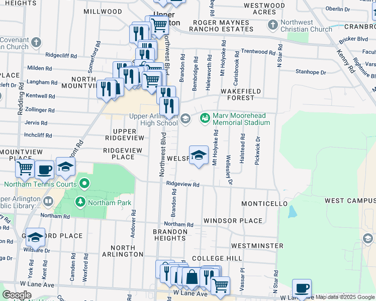 map of restaurants, bars, coffee shops, grocery stores, and more near 1650 Ridgeview Road in Upper Arlington