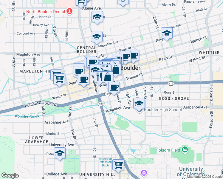 map of restaurants, bars, coffee shops, grocery stores, and more near in Boulder