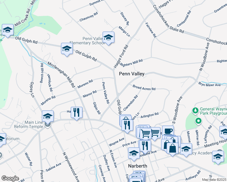 map of restaurants, bars, coffee shops, grocery stores, and more near 430 Old Gulph Road in Penn Valley