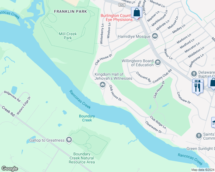 map of restaurants, bars, coffee shops, grocery stores, and more near 2 Creekview Road in Willingboro