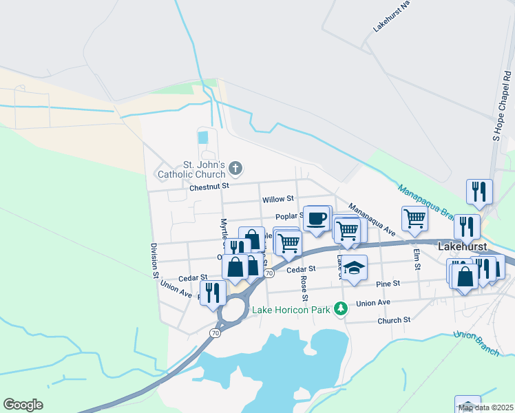 map of restaurants, bars, coffee shops, grocery stores, and more near 605 Willow Street in Lakehurst