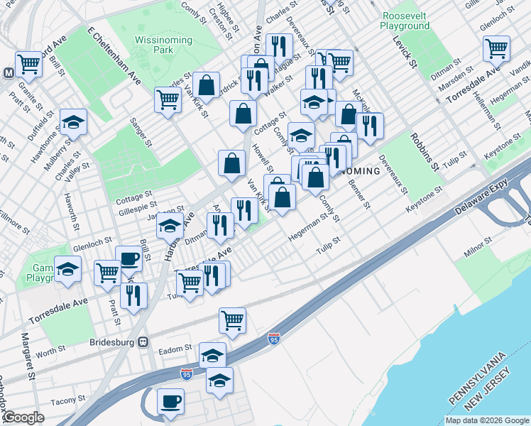 map of restaurants, bars, coffee shops, grocery stores, and more near 4604 Van Kirk Street in Philadelphia