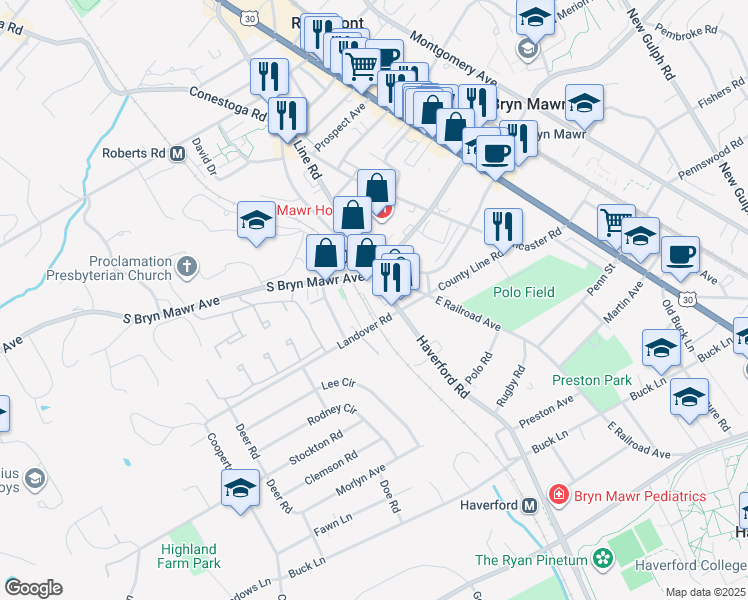 map of restaurants, bars, coffee shops, grocery stores, and more near 221 Brook Street in Bryn Mawr