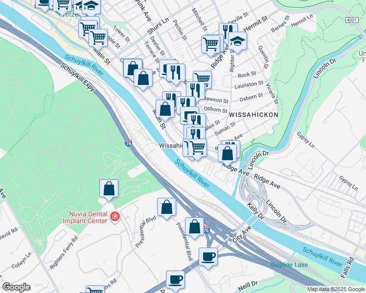 map of restaurants, bars, coffee shops, grocery stores, and more near 3715 Main Street in Philadelphia