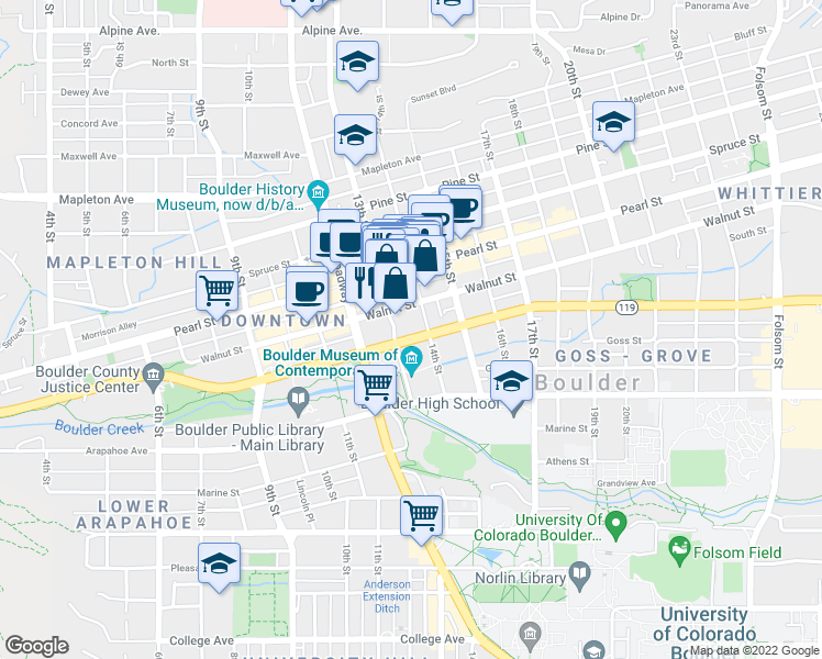 map of restaurants, bars, coffee shops, grocery stores, and more near 1360 Walnut Street in Boulder