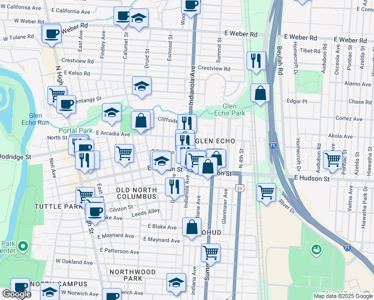 map of restaurants, bars, coffee shops, grocery stores, and more near 2605 Indianola Avenue in Columbus