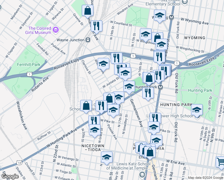 map of restaurants, bars, coffee shops, grocery stores, and more near 1814 Dounton Street in Philadelphia
