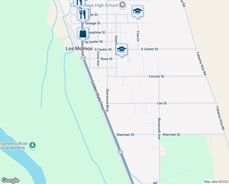 map of restaurants, bars, coffee shops, grocery stores, and more near 7590 Sherwood Boulevard in Los Molinos