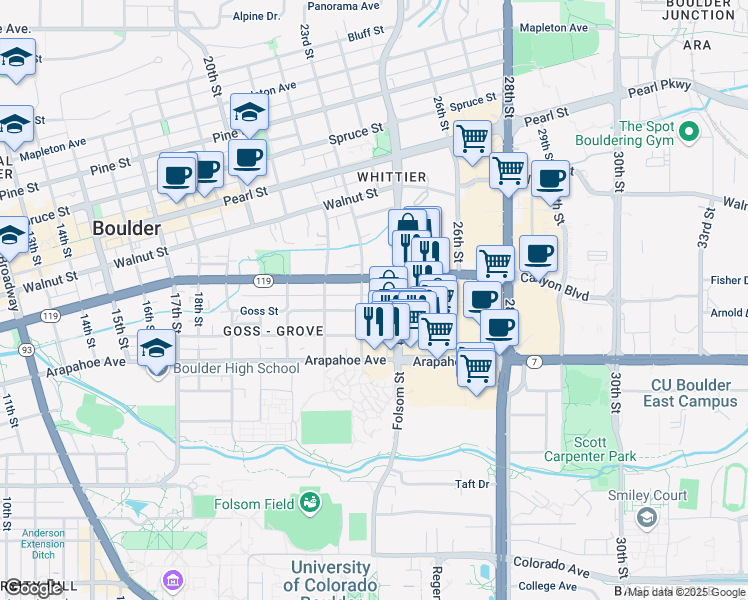 map of restaurants, bars, coffee shops, grocery stores, and more near 2301 Goss Street in Boulder