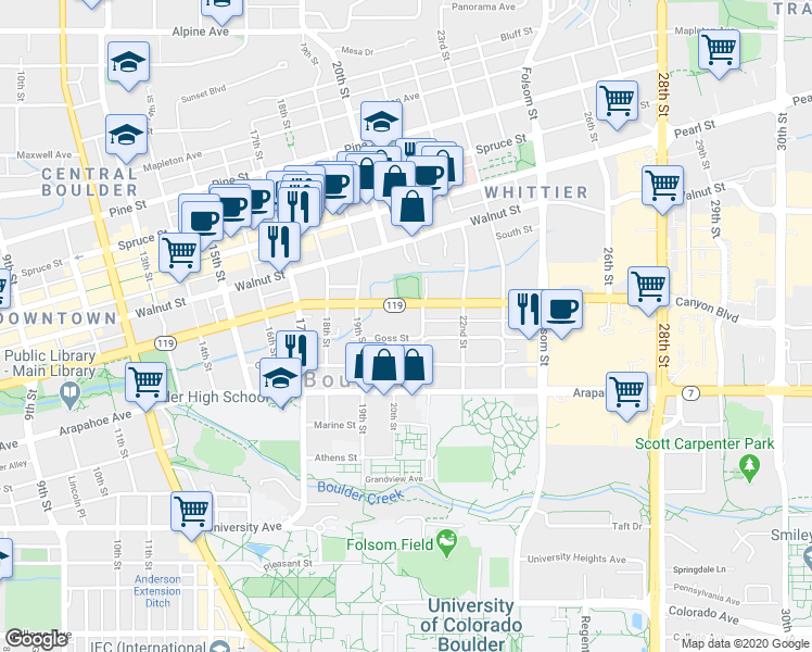 map of restaurants, bars, coffee shops, grocery stores, and more near 2036 Canyon Boulevard in Boulder