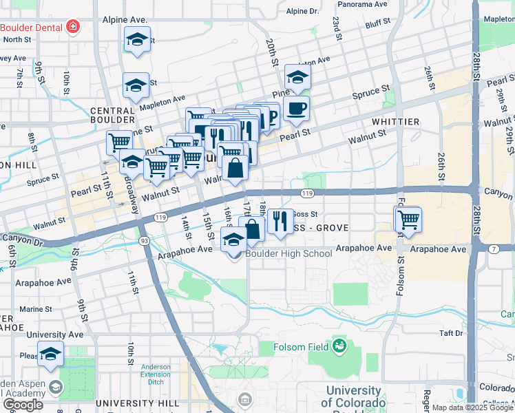 map of restaurants, bars, coffee shops, grocery stores, and more near 1802 Canyon Boulevard in Boulder