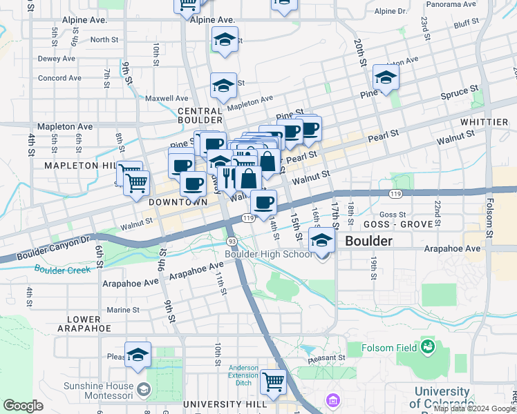 map of restaurants, bars, coffee shops, grocery stores, and more near in Boulder