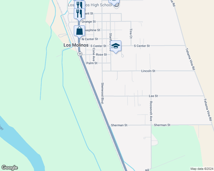 map of restaurants, bars, coffee shops, grocery stores, and more near 7590 Sherwood Boulevard in Los Molinos