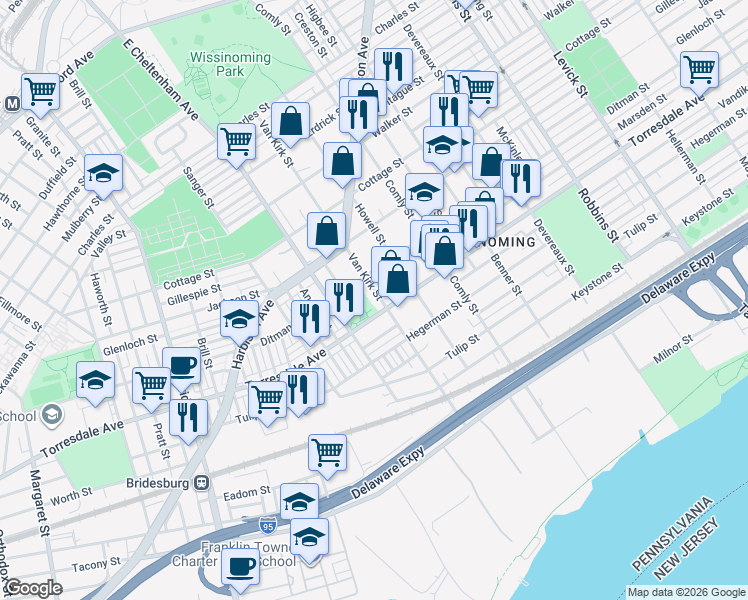 map of restaurants, bars, coffee shops, grocery stores, and more near 4604 Van Kirk Street in Philadelphia