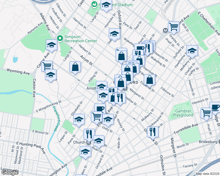 map of restaurants, bars, coffee shops, grocery stores, and more near 4653 Penn Street in Philadelphia