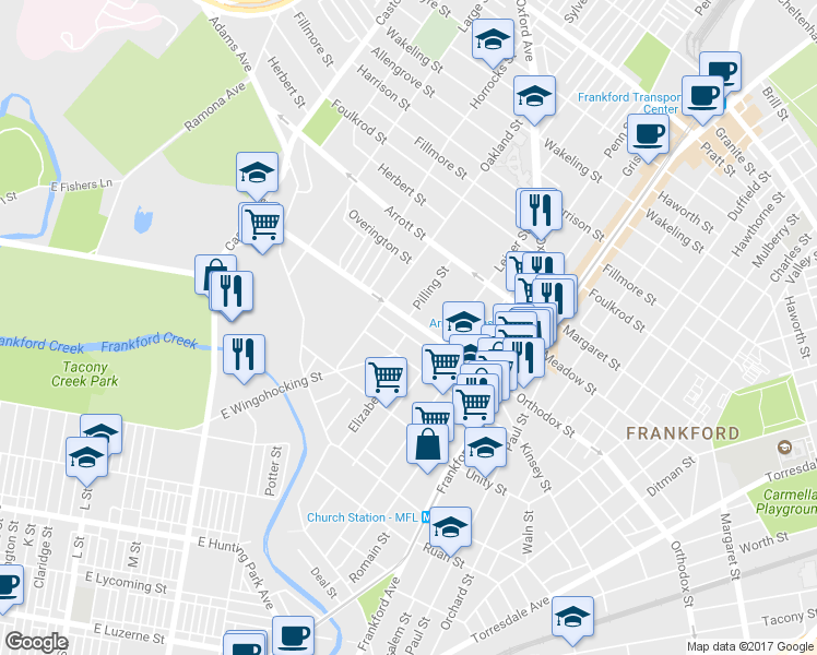 map of restaurants, bars, coffee shops, grocery stores, and more near 1310 Orthodox Street in Philadelphia