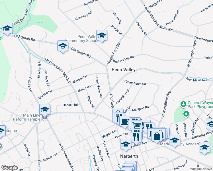 map of restaurants, bars, coffee shops, grocery stores, and more near 430 Old Gulph Road in Penn Valley