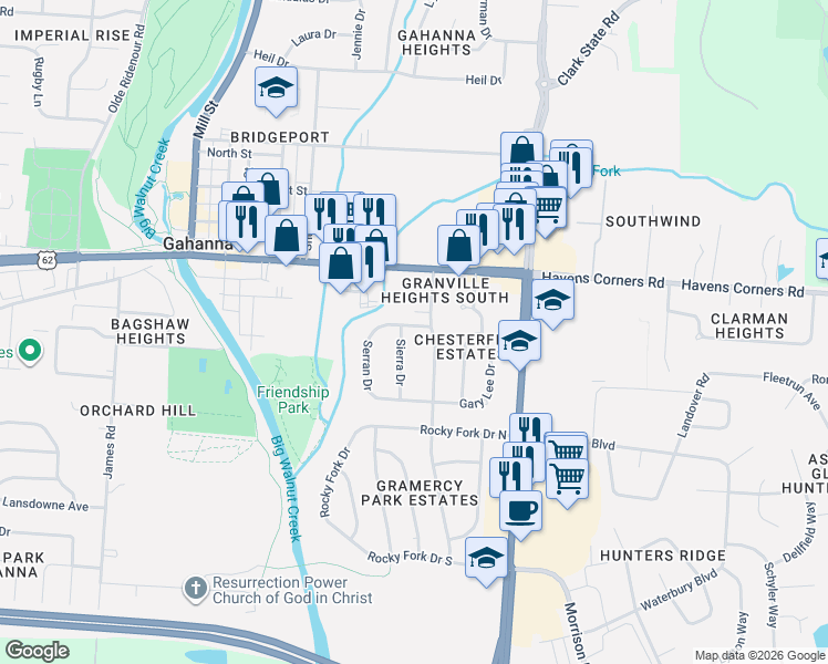 map of restaurants, bars, coffee shops, grocery stores, and more near 105 Flint Ridge Drive in Columbus