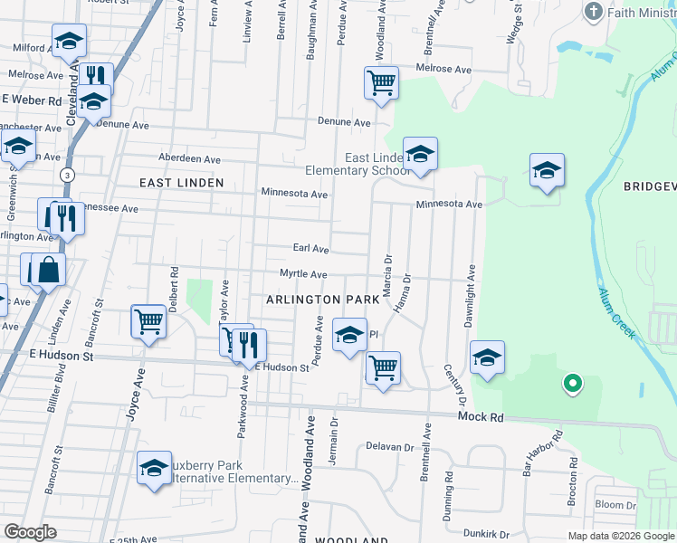 map of restaurants, bars, coffee shops, grocery stores, and more near 2199 Earl Avenue in Columbus