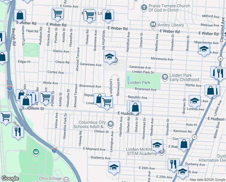 map of restaurants, bars, coffee shops, grocery stores, and more near 2516 Lexington Avenue in Columbus