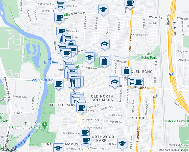 map of restaurants, bars, coffee shops, grocery stores, and more near 2662 Findley Avenue in Columbus