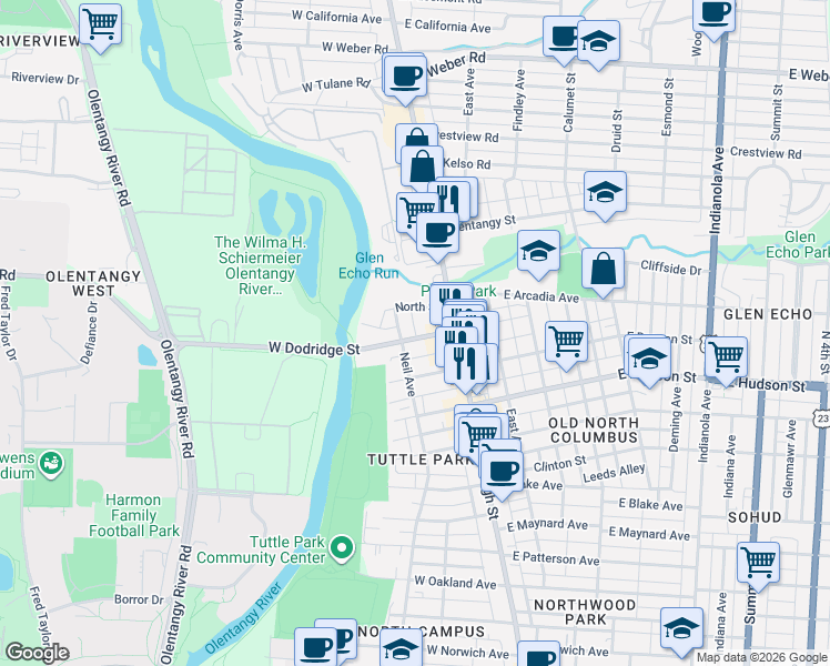 map of restaurants, bars, coffee shops, grocery stores, and more near 39 North Street in Columbus
