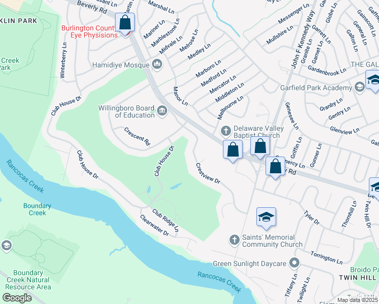 map of restaurants, bars, coffee shops, grocery stores, and more near 27 Crestview Drive in Willingboro
