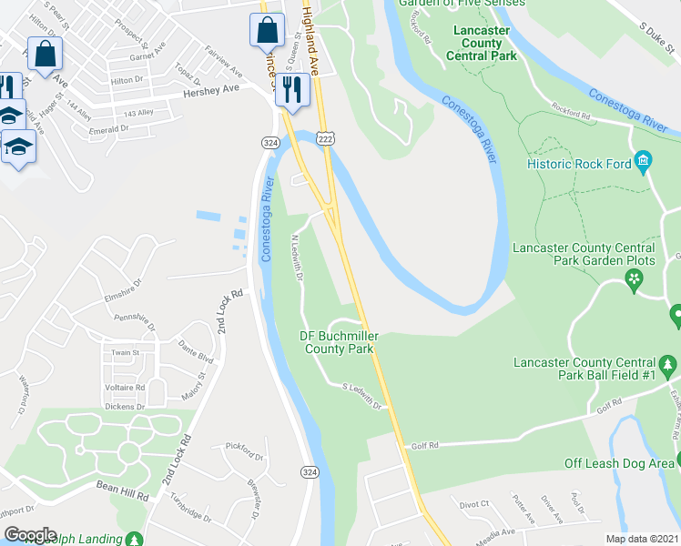 map of restaurants, bars, coffee shops, grocery stores, and more near 1154 Willow Street Pike in Lancaster
