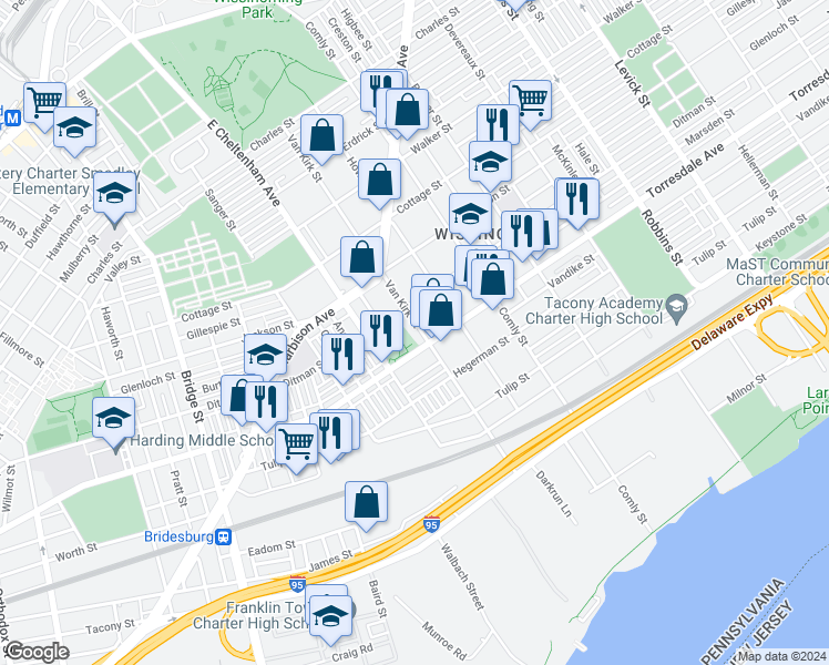 map of restaurants, bars, coffee shops, grocery stores, and more near 4604 Van Kirk Street in Philadelphia