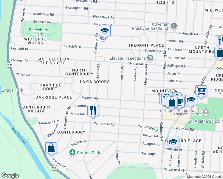 map of restaurants, bars, coffee shops, grocery stores, and more near 3050 Derby Road in Columbus