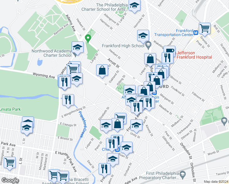 map of restaurants, bars, coffee shops, grocery stores, and more near 1326 Orthodox Street in Philadelphia