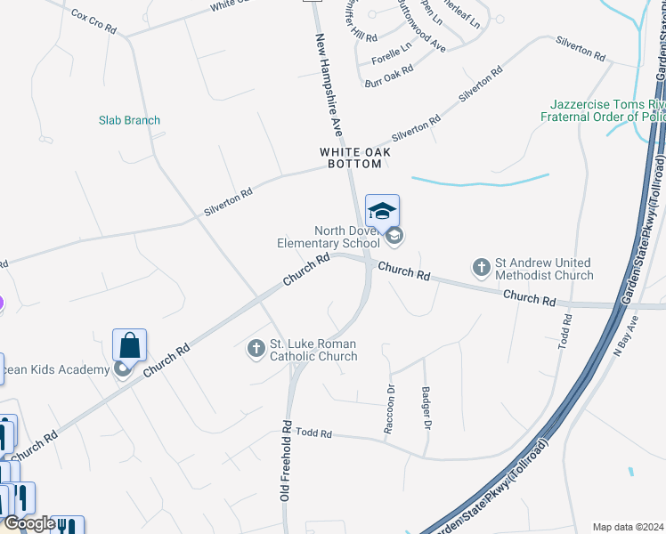 map of restaurants, bars, coffee shops, grocery stores, and more near 1373 Church Road in Toms River