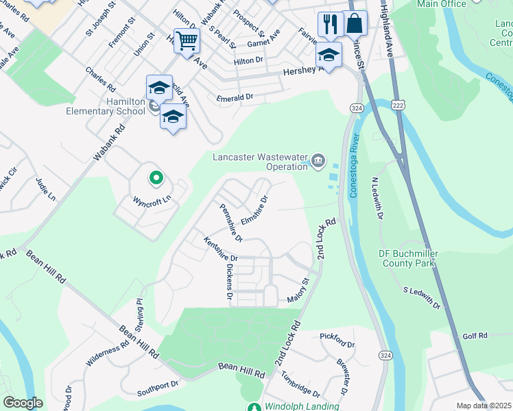 map of restaurants, bars, coffee shops, grocery stores, and more near 306 Elmshire Drive in Lancaster