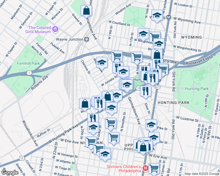 map of restaurants, bars, coffee shops, grocery stores, and more near 1814 Dounton Street in Philadelphia