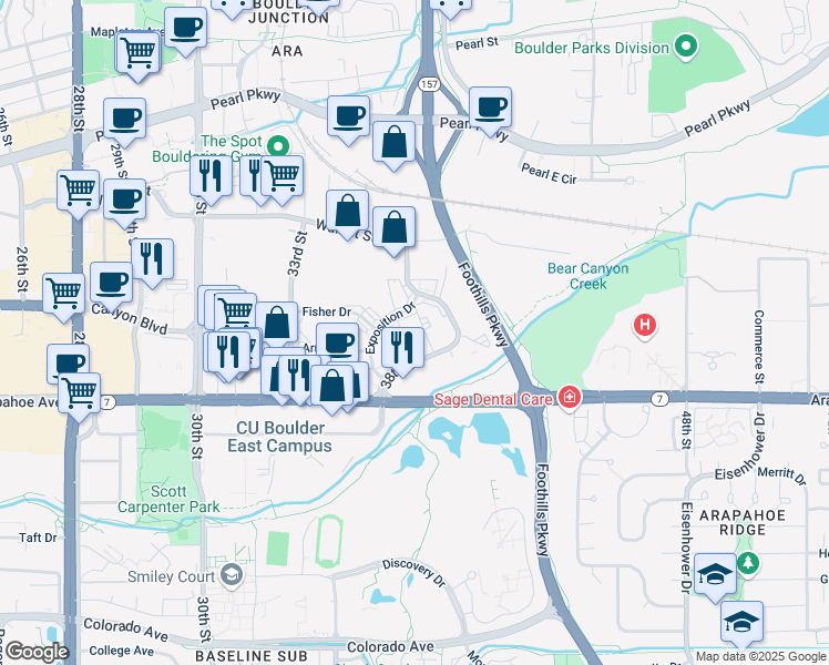 map of restaurants, bars, coffee shops, grocery stores, and more near 1798-1898 Exposition Dr in Boulder