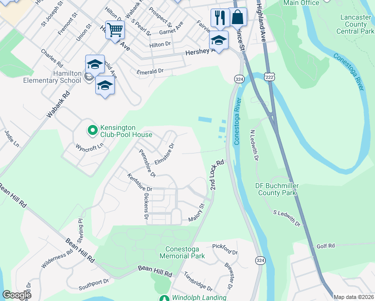 map of restaurants, bars, coffee shops, grocery stores, and more near 1256 New Danville Pike in Lancaster