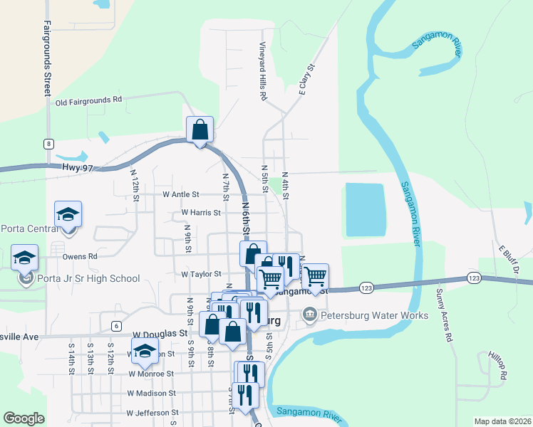 map of restaurants, bars, coffee shops, grocery stores, and more near 700 North 5th Street in Petersburg