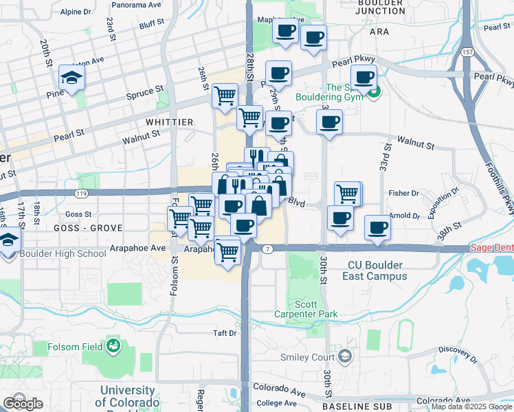 map of restaurants, bars, coffee shops, grocery stores, and more near 1650 28th Street in Boulder