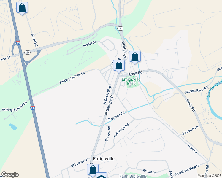 map of restaurants, bars, coffee shops, grocery stores, and more near 3198 North George Street in York