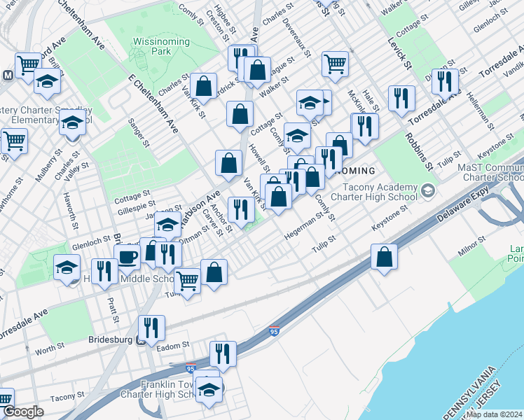 map of restaurants, bars, coffee shops, grocery stores, and more near 4622 Van Kirk Street in Philadelphia