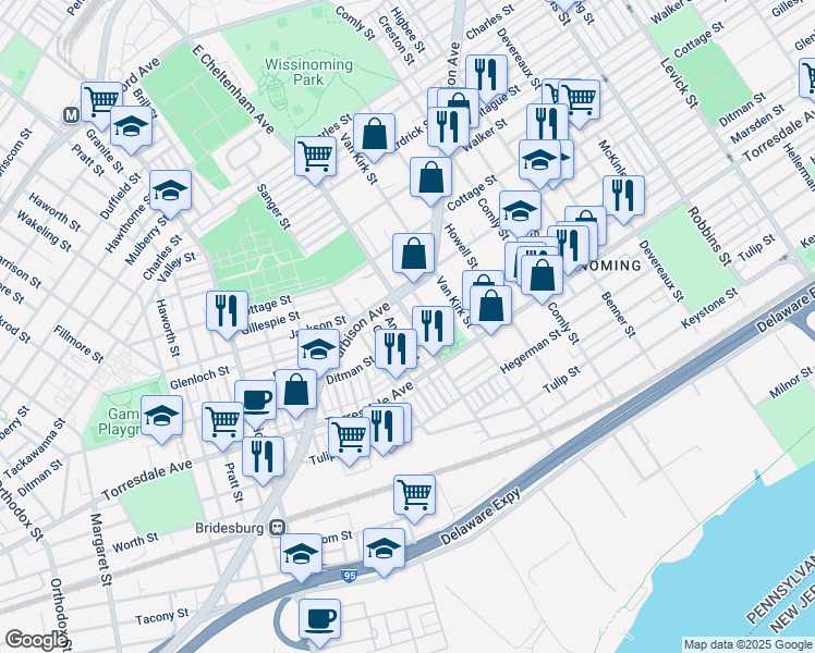 map of restaurants, bars, coffee shops, grocery stores, and more near 2034 East Cheltenham Avenue in Philadelphia